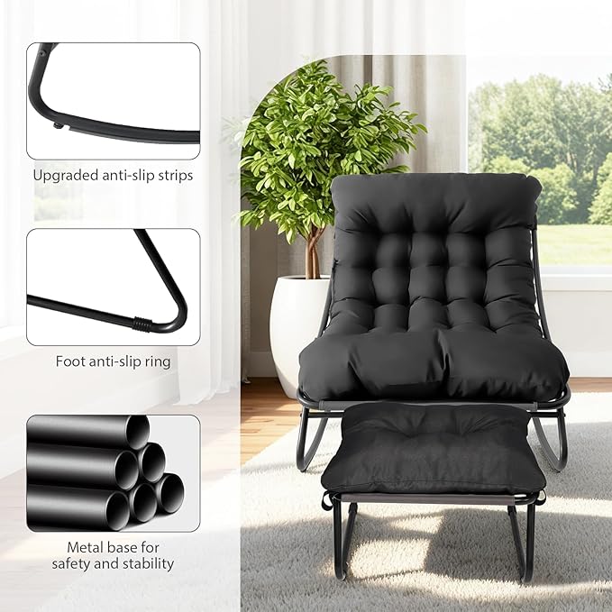 Rocking Chair with Ottoman, Indoor Small Rocking Chair for Nursery, with Foot Rest, Thick Cushion, 5'' Thick, 330lbs Capacity, Metal Frame Rocker Glider Patio for Living Room Bedroom Offices (Brown)