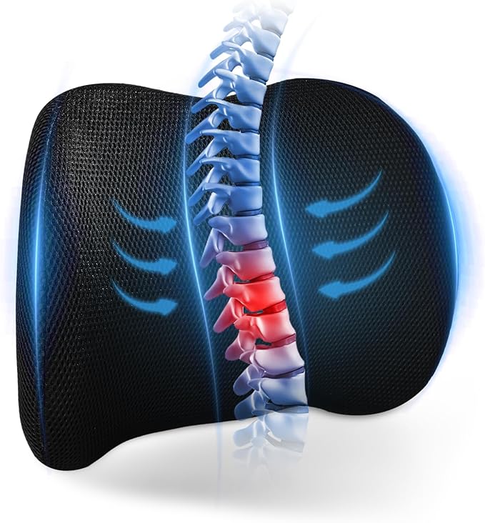 Lumbar Support Pillow for Car, Office Chair, and Gaming, Memory Foam Back Support for Lower Back Pain Relief, Ergonomic with Breathable Removable Mesh Cover, Black