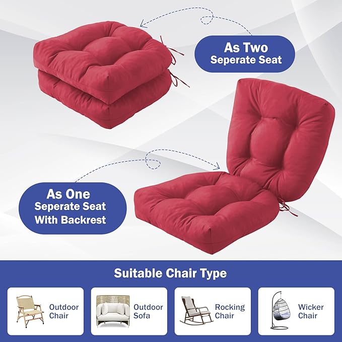 IPYNBAP Outdoor Chair Cushions Set of 2, Patio Chair Cushions with Ties, 17x17+4” Tufted Outdoor Seat Cushions, Waterproof Patio Furniture Cushions, Outdoor Dining Chair Pads, Burgundy