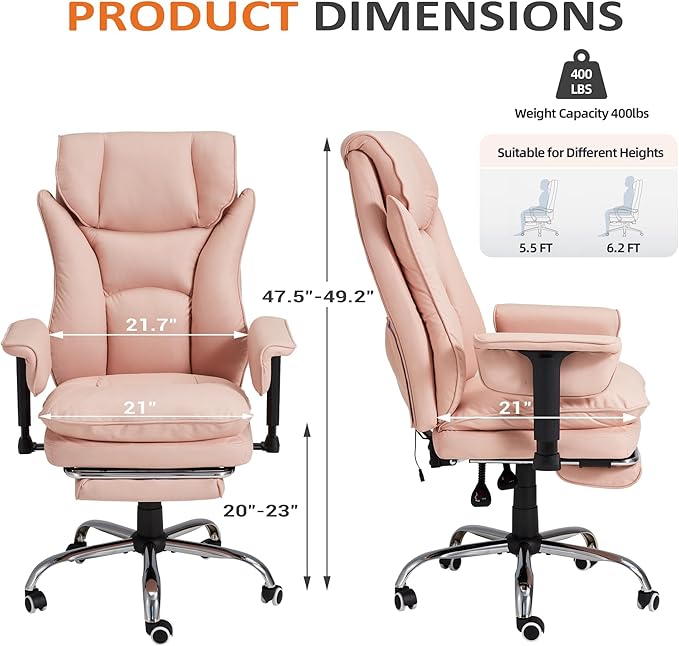 HOMREST 4-Point Massage Office Chair with Heat, 155° Reclining Executive Desk Chair with Adjustable Armrests, Ergonomic High Back Computer Chair for Home Office, Pink