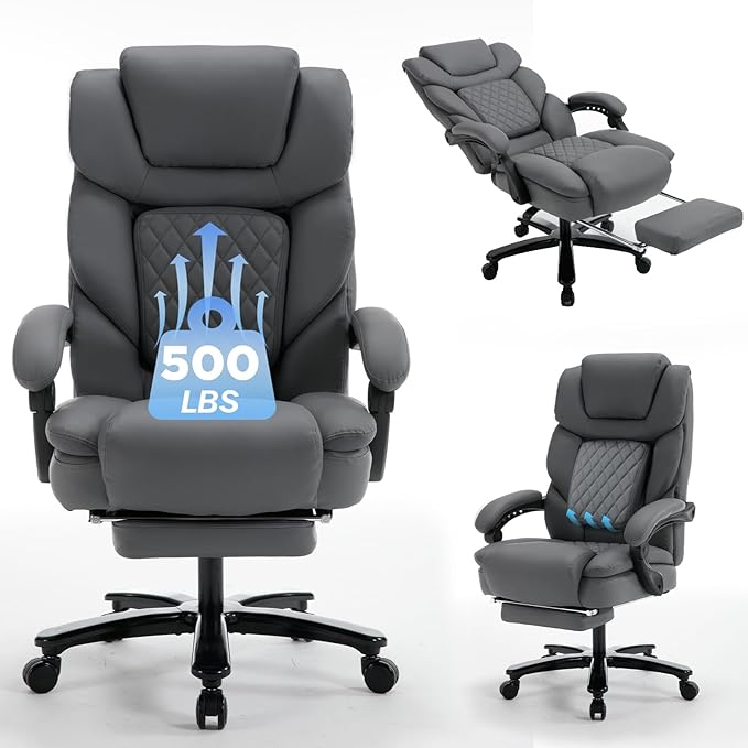 Heavy Duty Recliner Office Chair with Footrest, Wide Seat Big Tall Reclining Office Desk Chair for 500lbs Heavy People, Grey