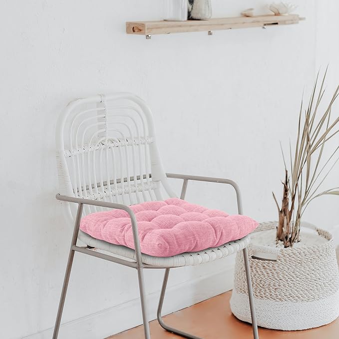 ELFJOY 4 Pack Chair Cushions for Dining Chairs Chair Pads Cushion for Kitchen Office Tufted Textured Square Seat Cushion with Ties (16" Light Pink)
