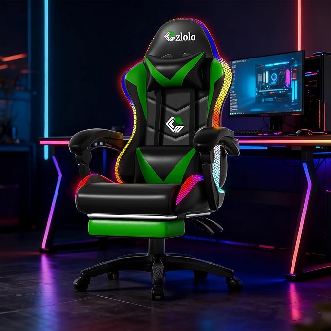 Czlolo Gaming Chair, Racing Style RGB LED Lights Gaming Chairs for Adults and Kids, Lumbar Massager Gamer Chair, High Back Reclining Computer Chair with Footrest and Headrest (Black/Green)