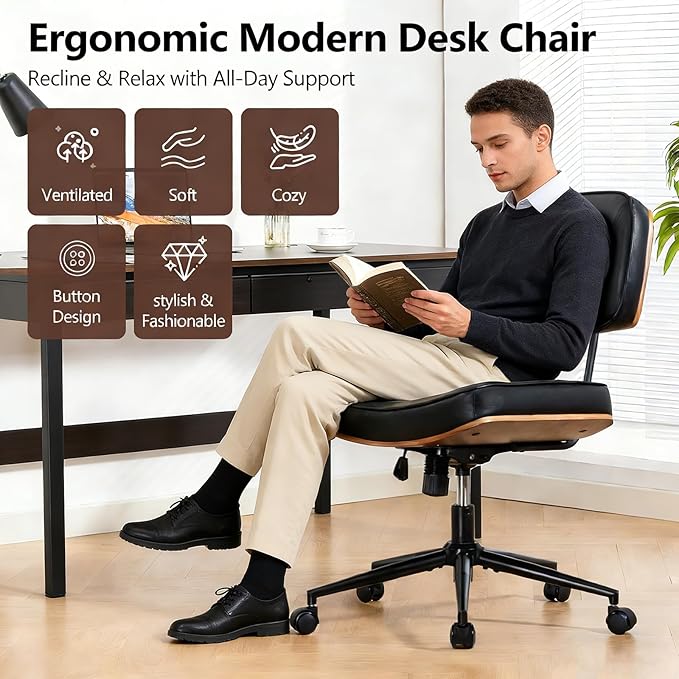 Walnut Armless Modern Office Desk Chair with Wheels, PU Leather Adjustable Height Swivel Rolling Task Chair, Ergonomic Criss Cross Legged Computer Chair(Black)