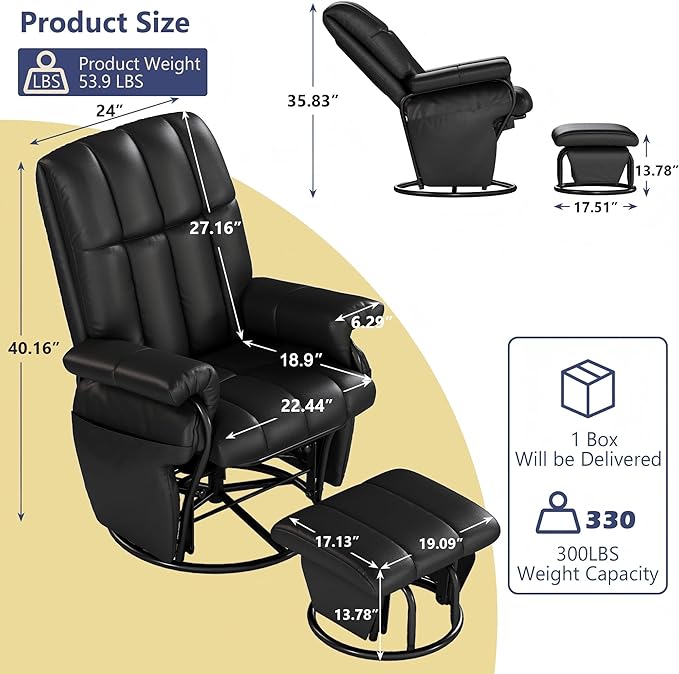 AODAILIHB 360° Swivel Glider Recliner with Ottoman, Nursing Glider Rocking Chair with Foot Rest & 2 Side Pockets for Nursery, Living Room, Bedroom, Office, Black