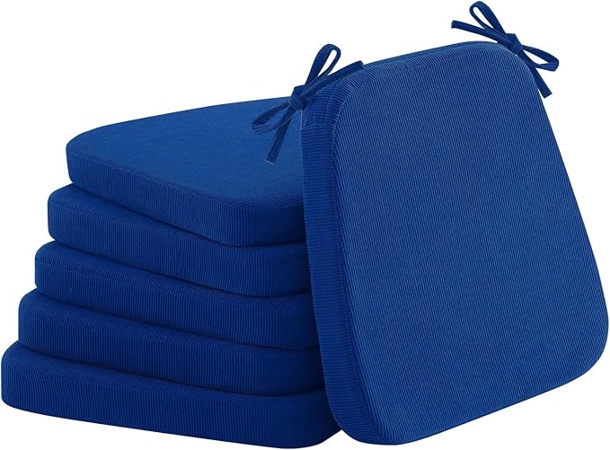 2'' Thick High-Density Foam Indoor Chair Cushions | Dining Chair Pads with Ties, Removable Washable Cover, Kitchen Chair Cushions 17"x16", Sapphire Blue 6 Pack