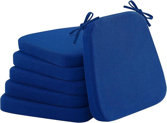 2'' Thick High-Density Foam Indoor Chair Cushions | Dining Chair Pads with Ties, Removable Washable Cover, Kitchen Chair Cushions 17"x16", Sapphire Blue 6 Pack