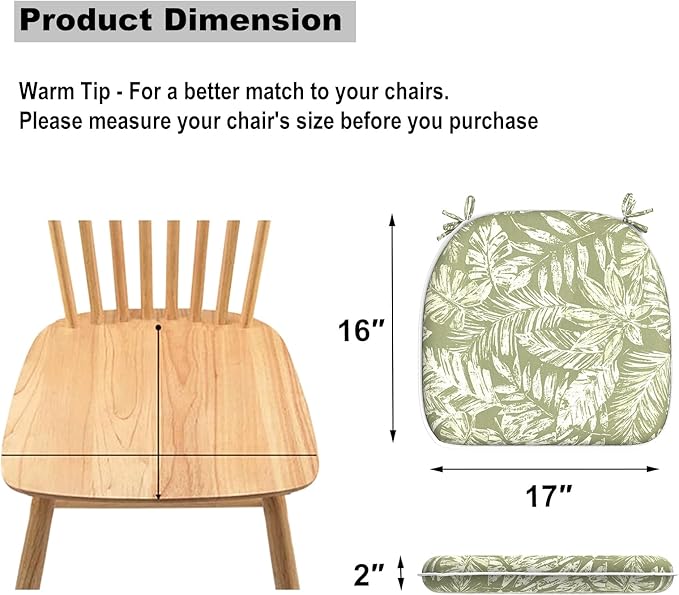 DYTXIII Set of 4 Outdoor Chair Cushions with Ties,Water Repellent Patio Chair Pads 17"x 16" for Outdoor Furniture,Round Corner Seat Cushions for Garden Yard Kitchen Tropical Leaf Green