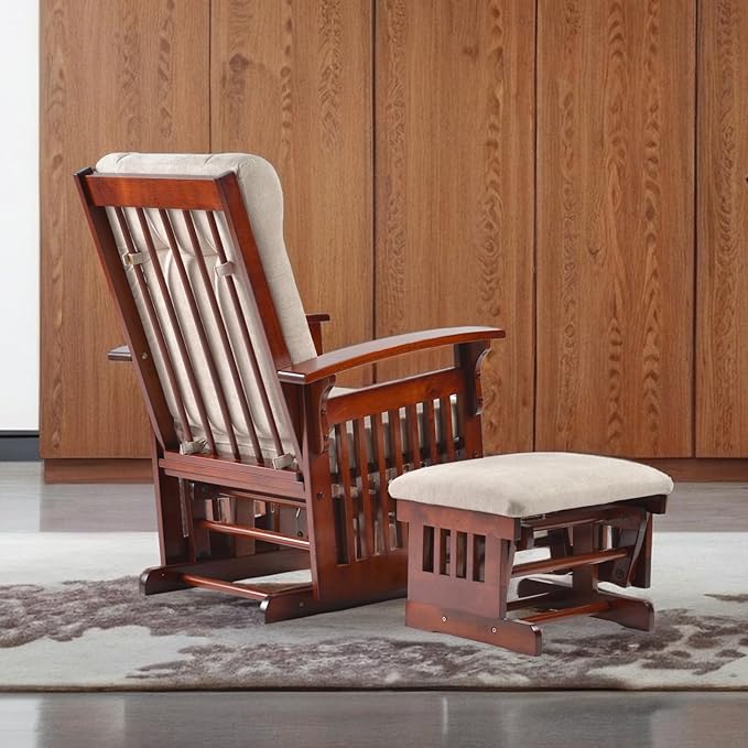 Solid Wood Glider Rocking Chair and Ottoman Set, Rustic Nursery Glider Rocker with Padded Cushion, Smooth Rocking Motion Indoor Living Room Nursing，Napping，Reading, Cream