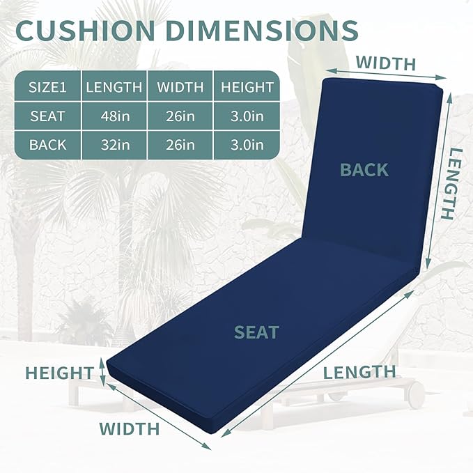 Outdoor Chaise Lounge Cushions for Patio, Lounge Chair Cushions, Waterproof Replacement Seat Pads for Outdoor Furniture (2, Blue, 80"x26"x3")