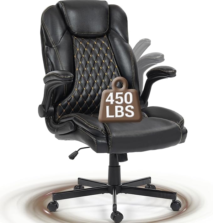 Executive Office Chair Big and Tall 400LBS - Ergonomic Comfy Heavy Duty Extra Wide Seat Home Office Desk Chair w/Flip Arm Rest, Rocking Function, Lumbar Support, Black