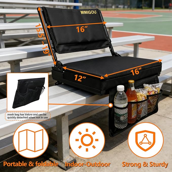 Portable Stadium Chair with Back Support and Cushion, Wide Padded Bleacher Seat - Foldable Comfort for Sporting Events, Concerts, and Outdoor Games