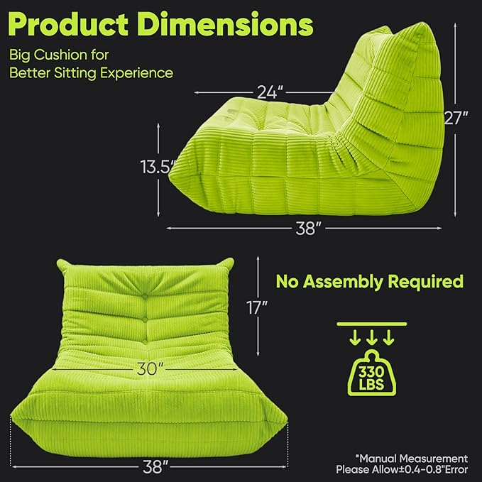Trenda Bean Bag Chairs for Adults - Comfy High-Density Foam Fireside Chair, Adult Size, Soft Corduroy Cover Beanbag Couch, Versatile for Living Room, Bedroom, Dorm, Reading & Gaming (Neon Green)