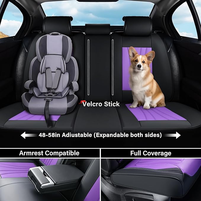 Coverado Car Seat Covers Full Set, 5 Piece Car Seat Protector with Lumbar Support & Removable Headrest, Breathable Leather Front Rear Seat Cushion Universal Fit for Truck Automotive Purple