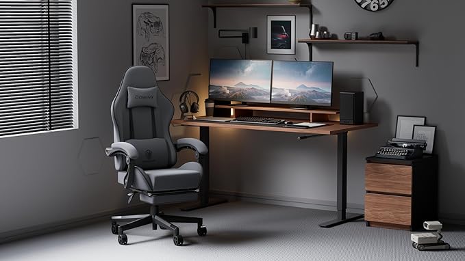 Dowinx Gaming Chair Fabric with Pocket Spring Cushion, Massage Game Chair Cloth with Headrest, Ergonomic Computer Chair with Footrest 290LBS, Black and Grey