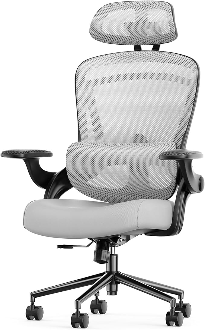 Sweetcrispy Executive Office Ergonomic Desk Chair, 300 LBS Home Mesh Chairs with Wheels, 2D Headrest, Up&Down Lumbar Support, Swivel High Back Computer Chair with Flip-up Armrests,Grey
