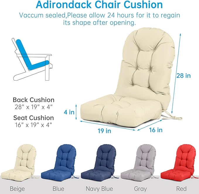Adirondack Chair Cushion Tufted Waterproof Outdoor Rocking Chair Cushions with Ties Anti-Slip High Back Patio Chair Cushions for Patio Furniture Cushions