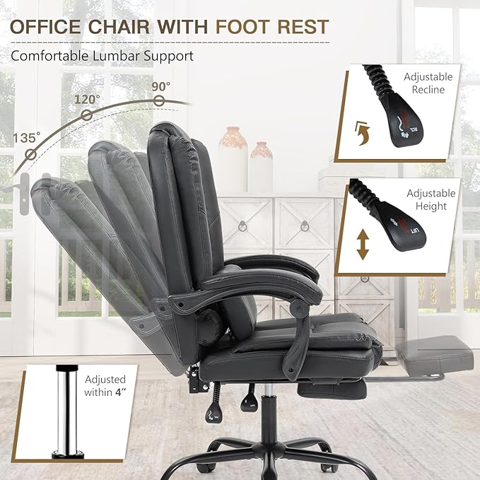 6-Point Heated Massage Office Chair with Footrest, Ergonomic Home Desk Chair with Lumbar Support, Executive High Back PU Leather Computer Chair with Armrest & Reclining, Black