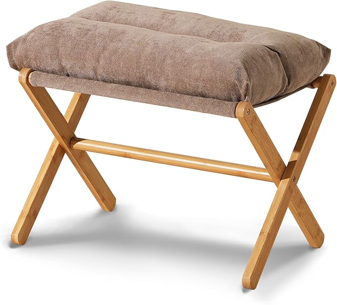 Baveke Folding Foot Stool, Small Accent Ottoman with Thick Cotton Cushion & Bamboo X Legs, Modern Padded Sofa Stool for Makeup Bedroom Living Room (Brown)