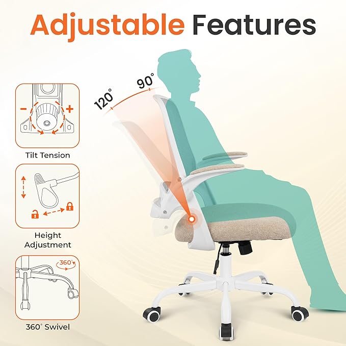 NEO CHAIR Office Chair Computer Desk Chair Ergonomic Gaming Comfy Mesh with Flip-up Arms Lumbar Support Adjustable Height Rolling Wheels for Home Office (Beige)