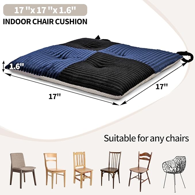Office Stacking Chair Cushions 4 Pack, Corduroy High Density Foam Kitchen Seat Cushions with Ties, Square 17" x 17" Indoor Non-Slip Dining Chair Pads, Black+ Navy，4pcs