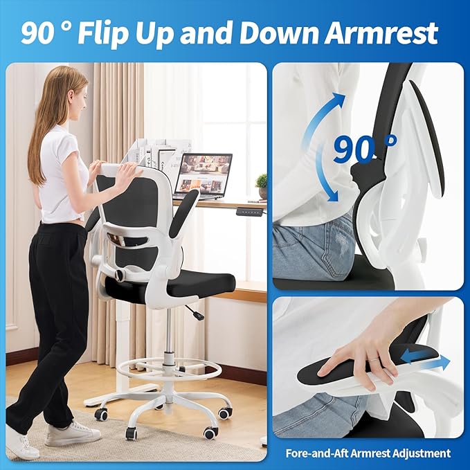 TRALT Drafting Chair - Tall Office Chair with Adjustable Footrest Ring and Lumbar Support Ergonomic Tall Desk Chair - Mesh Stangding Desk Chair with Flip-Up Armrests for Home and Work (Black White)