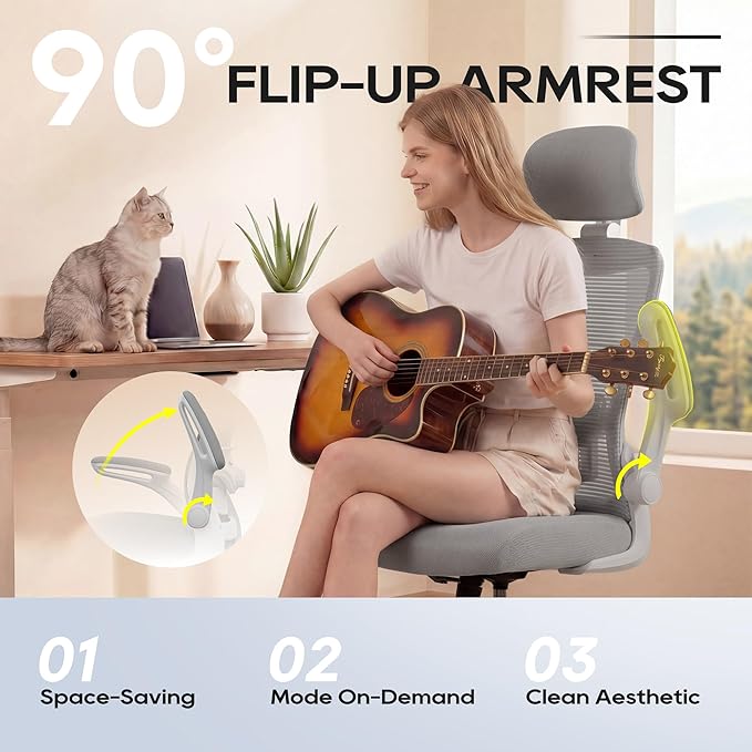 Office Chair, Ergonomic Mesh Desk Chair with Adjustable Lumbar Support and Headrest, Flip-up Armrests, High Back Computer Task Chair for Home and Executive Office (G-All Grey)