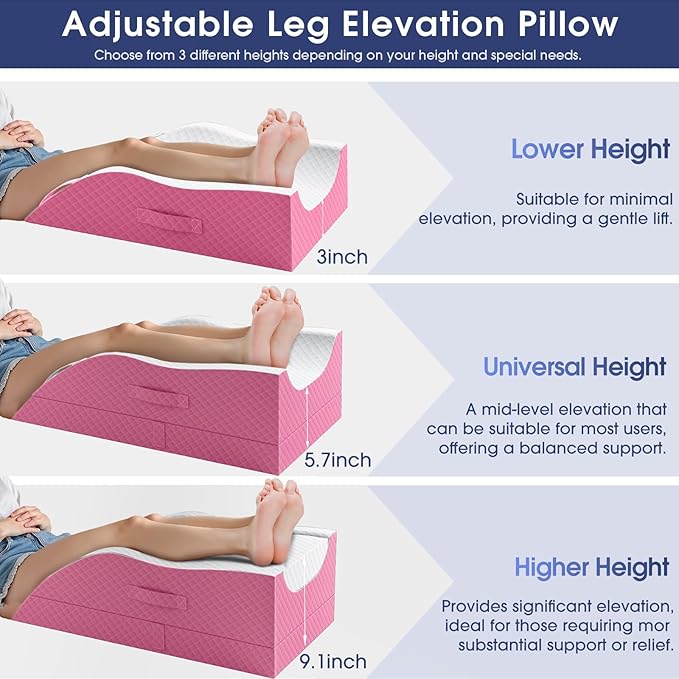 CushZone Leg Pillow, Leg Elevation Pillow with Pad and Memory Foam, Height Adjustable Bolster Pillow for Legs, Leg Pillow Elevation Blood Circulation, for Post-Surgery, Pink & White