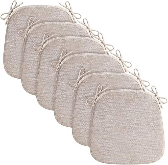D-Shaped Chair Cushions for Dining Chairs, 2.5” Thick Chair Pads with Washable Comfortable Textured Cover, Non Slip Kitchen Chair Cushions with Ties, 16.5" x 16.5", 6 Pack, Beige