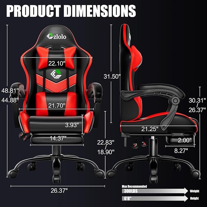 Czlolo Gaming Chair with Footrest Racing Style Lumbar Support Massager Video Game Chair with Metal Legs, High Back Gamer Chair with Headrest, 360° Swivel Office Computer Desk Chair, Bright Red