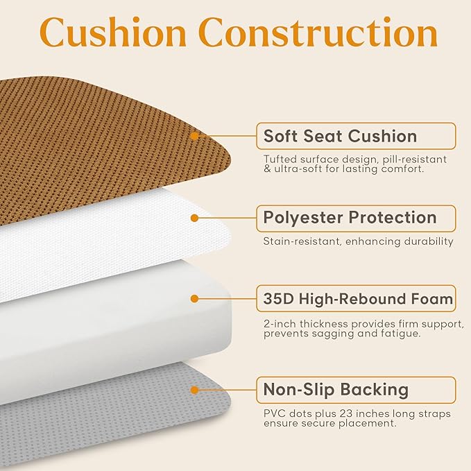 4 Pack Brown Chair Cushions with Ties Removable Covers, D-Shape Dining Kitchen Chair Seat Pads Non Slip 17"x16"