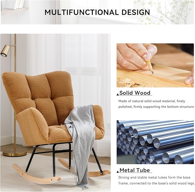 FOXHUNTER Rocking Chair Nursery Teddy Upholstered Glider Rocker High Backrest Nursery Rocker Comfortable Stylish Accent Armchair for Living Rooms Bedrooms Offices (Teddy Kahaki)