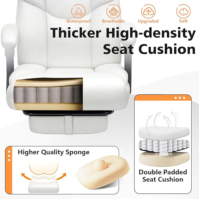 WAILOR 400lbs Office Chair with Foot Rest, Reclining Big and Tall Office Chair with Lumbar Support, High Back PU Leather Computer Chair,Comfy Desk Chair for Home Office (Casual) (White)