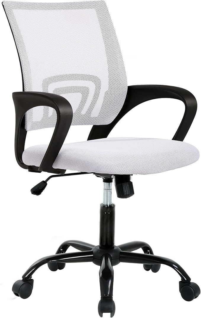 Home Office Desk Chair - Space-Saving Mesh Back with 360° Swivel & Height Adjustable (Easy Assembly), PVC Base, White