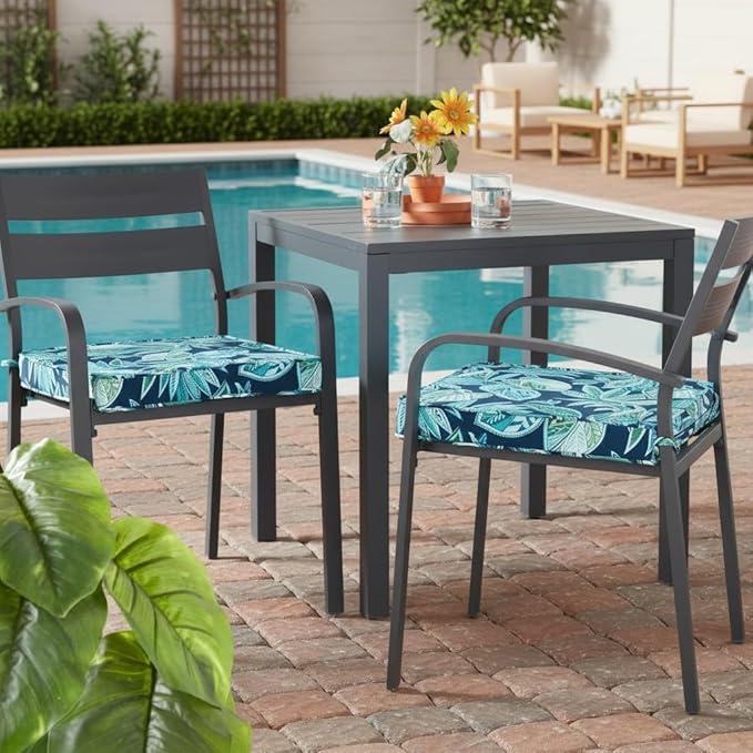 Outdoor 18 inch Square Patio Dining Chair Pads – Comfortable Fiber-Filled Seat Cushions with Ties, Reversible Polyester Fabric - Botanical Crestwood, Set of 2