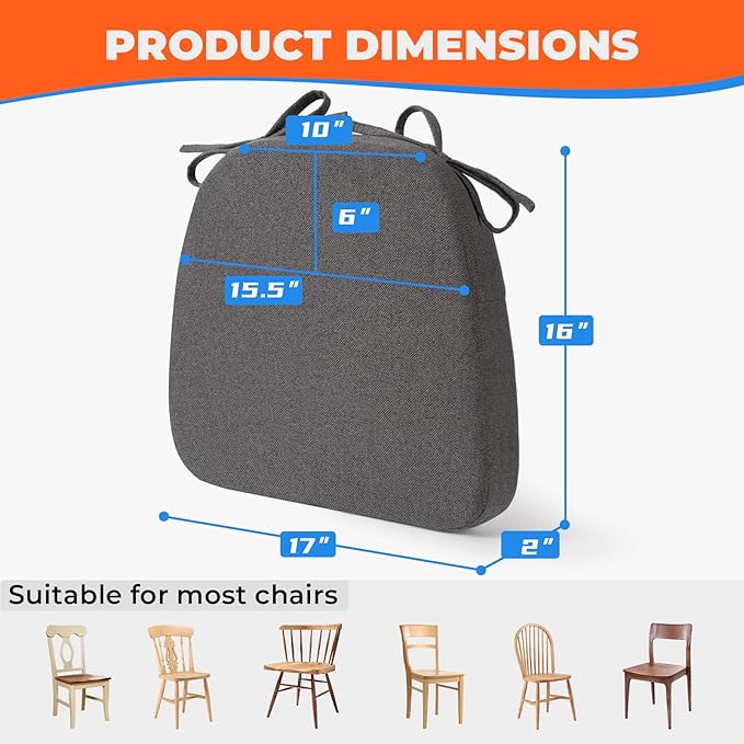 Sunsleek Chair Cushions for Dining Chairs, D-Shaped Seat Cushions with Removable Washable Cover and Ties, Chair Pads for Kitchen, Indoor Dining Room, Patio Chairs, 17'' x 16'', Set of 4, Dark Grey