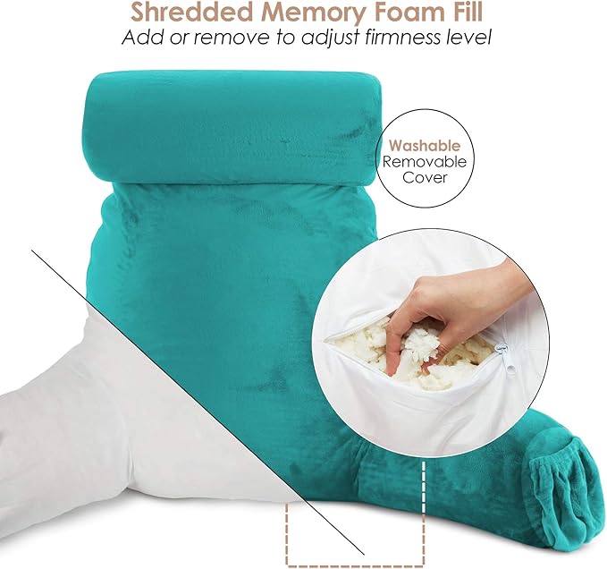 Clara Clark Reading Pillow with Shredded Memory Foam Includes 2 Neck and Lumber Support Pillows, Designed for Sitting Up in Bed and Couch, Back and Arms Adjustable Support for Adults & Teens, Teal