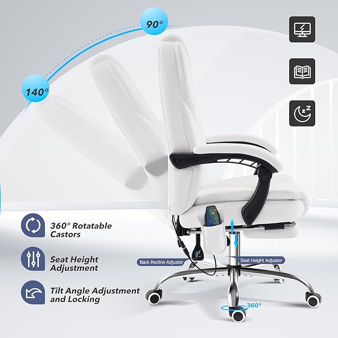 TonghuaS Massage Office Chair with Foot Rest Vibration and Heating, 90-130° Reclining Desk Chair, Ergonomic Reclining Computer Gaming Leather Chair(White)