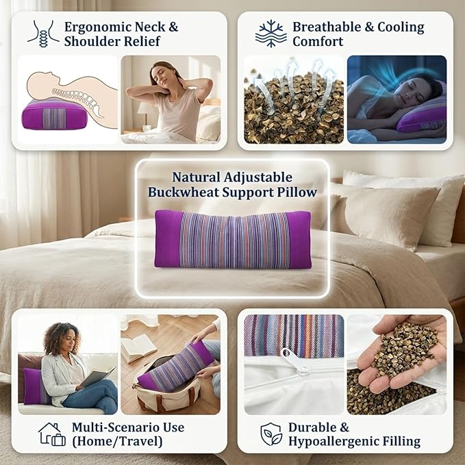 Buckwheat Pillow & Cervical Pillows for Sleeping (21x8x3inch) 100% Organic Coarse Cloth Package w Organic Buckwheat Hulls, Natural Cooling Technology and Relieve Cervical Pain. (Purple)