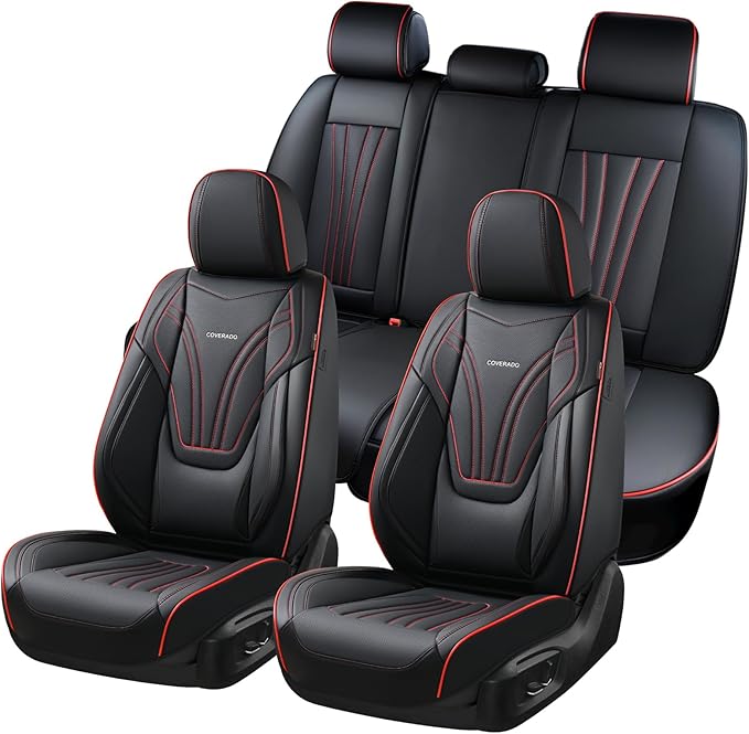 Coverado Car Seat Covers Full Set, 5 Piece Car Seat Protector with Lumbar Support & Removable Headrest, Breathable Leather Front Rear Seat Cushion Universal Fit for Truck Automotive Black & Red