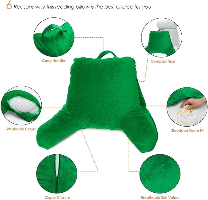 Clara Clark Reading Pillow with Shredded Memory Foam for Sitting Up in Bed and Couch, Back and Arms Adjustable Support for Adults & Teens Backrest Pillows for Reading, with Washable Cover Green