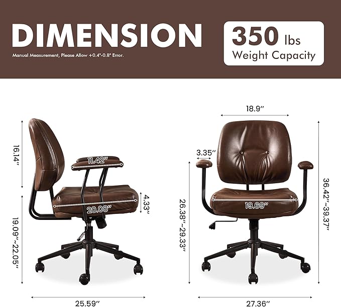 Leather Home Office Chair, Mid Back Ergonomic Desk Chair with Lumbar Support, Mid Century Modern Deep Seat Swivel Rocking Computer Chair, Dark Brown