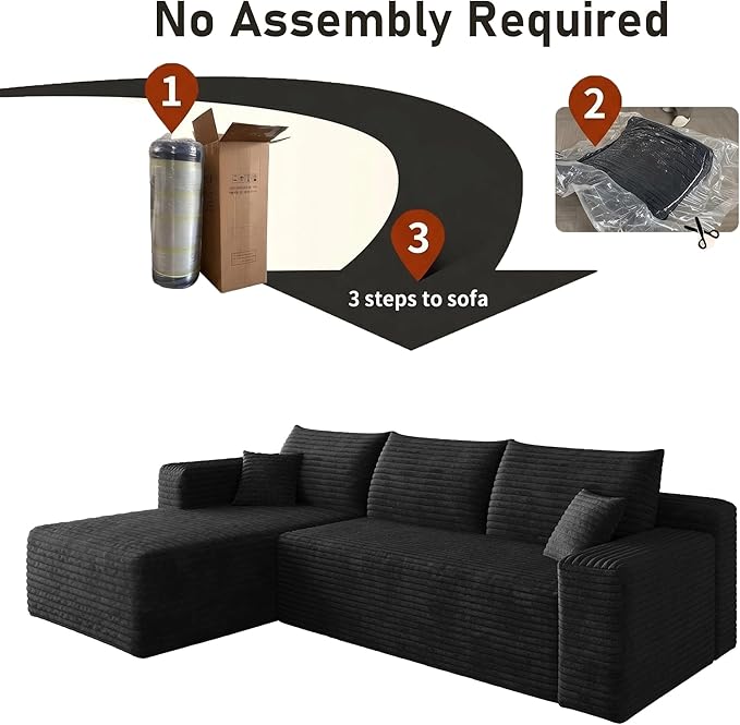 94" Black Boneless Couch with Left Facing Chaise for Living Room,Corduroy L-Shaped Sectional Couches,Compressed Memory Foam Cloud Sofa,No Assembly Required,Black