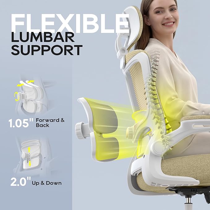 Office Chair, Ergonomic Mesh Desk Chair with Adjustable Lumbar Support and Headrest, Flip-up Armrests, High Back Computer Task Chair for Home and Executive Office (W-All Beige)