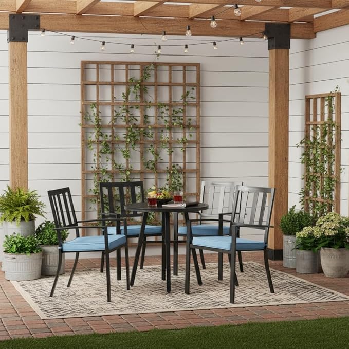 Outdoor 18 inch Square Patio Dining Chair Pads – Comfortable Fiber-Filled Seat Cushions with Ties, Reversible Polyester Fabric - Denim, Set of 4