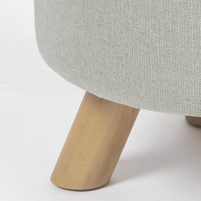 Homebeez Round Ottoman Foot Rest Stool, Small Fabric Footstool with Non-Skid Wood Legs, Beige