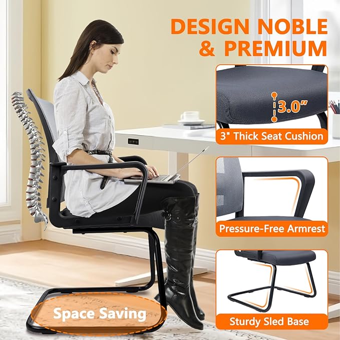 CLATINA Office Guest Chair with Lumbar Support and Mid Back Mesh Space Air Grid Series for Reception Conference Room Gray 8 Pack