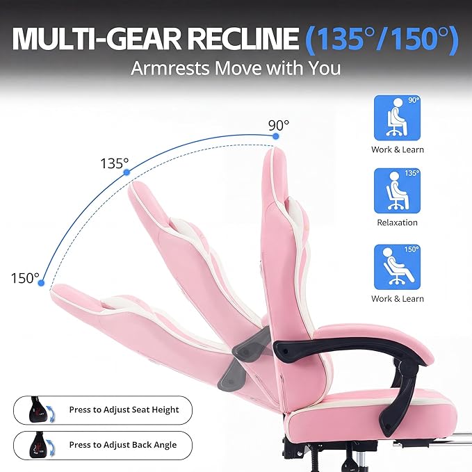 Desk Computer Gaming Chair - High Back Ergonomic Office Chair with Footrest and Lumbar Support, Swivel Comfy Home Gamer Video Game Chairs with Pocket Spring Cushion for Adults (Pink Leather)