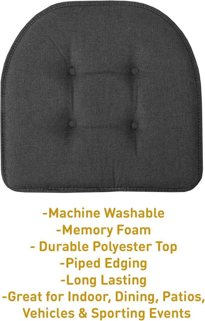 Sweet Home Collection Chair Cushion Memory Foam Pads Tufted Slip Non Skid Rubber Back U-Shaped 17" x 16" Seat Cover, 4 Pack, Charcoal Gray, (Pack of 3)