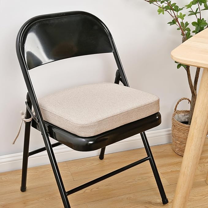 SINOSSO Memory Foam Chair Cushions for Folding Chairs 4 Pack, Thickened 2" Square Pads with Ties for Kitchen Chairs, Indoor Non-Slip Dining Chair Seat Cushions (Set of 4, Oatmeal Beige)